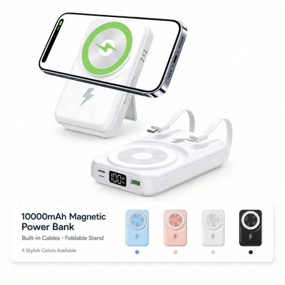 White 10000mAh Magnetic Wireless Battery Pack With 15W Output And 22.5W Fast Charging, With Visible Percentage Readout, Raised Green Alignment Circle And Fold-Out Phone Stand, Made For Compatible Magn