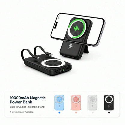 White 10000mAh Magnetic Wireless Battery Pack With 15W Output And 22.5W Fast Charging, With Visible Percentage Readout, Raised Green Alignment Circle And Fold-Out Phone Stand, Made For Compatible Magn