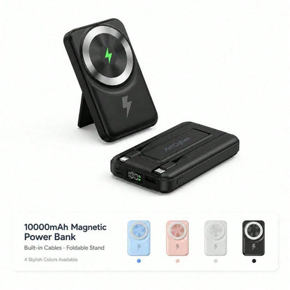 White 10000mAh Magnetic Wireless Battery Pack With 15W Output And 22.5W Fast Charging, With Visible Percentage Readout, Raised Green Alignment Circle And Fold-Out Phone Stand, Made For Compatible Magn