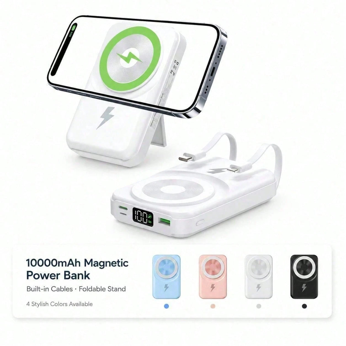 White 10000mAh Wireless Power Bank With Green Magnetic Ring And 22.5W Fast Charging, Featuring A Visible Power Percentage Screen, Green Ring Detail And Rear Fold-Out Stand, Compatible With Magnetic Ph