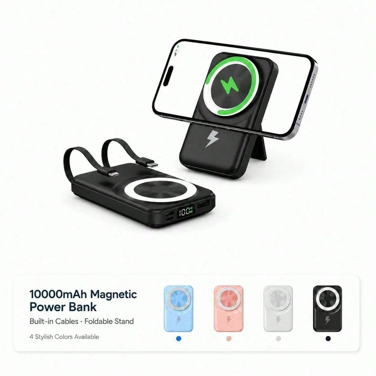 White 10000mAh Wireless Power Bank With Green Magnetic Ring And 22.5W Fast Charging, Featuring A Visible Power Percentage Screen, Green Ring Detail And Rear Fold-Out Stand, Compatible With Magnetic Ph