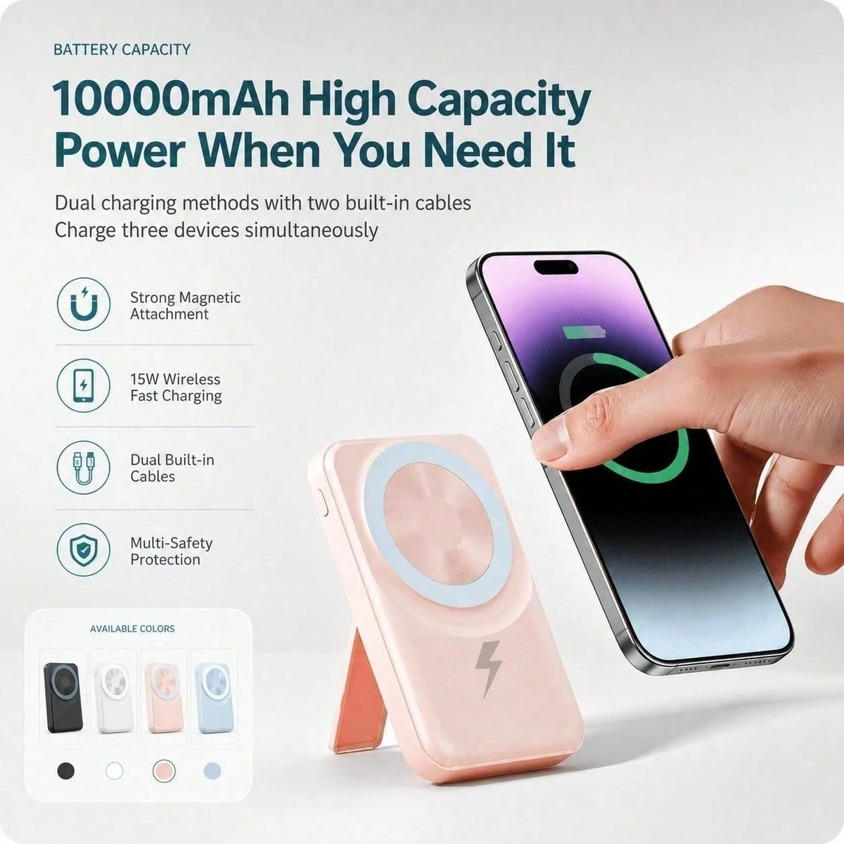 White 10000mAh Wireless Power Bank With Green Magnetic Ring And 22.5W Fast Charging, Featuring A Visible Power Percentage Screen, Green Ring Detail And Rear Fold-Out Stand, Compatible With Magnetic Ph