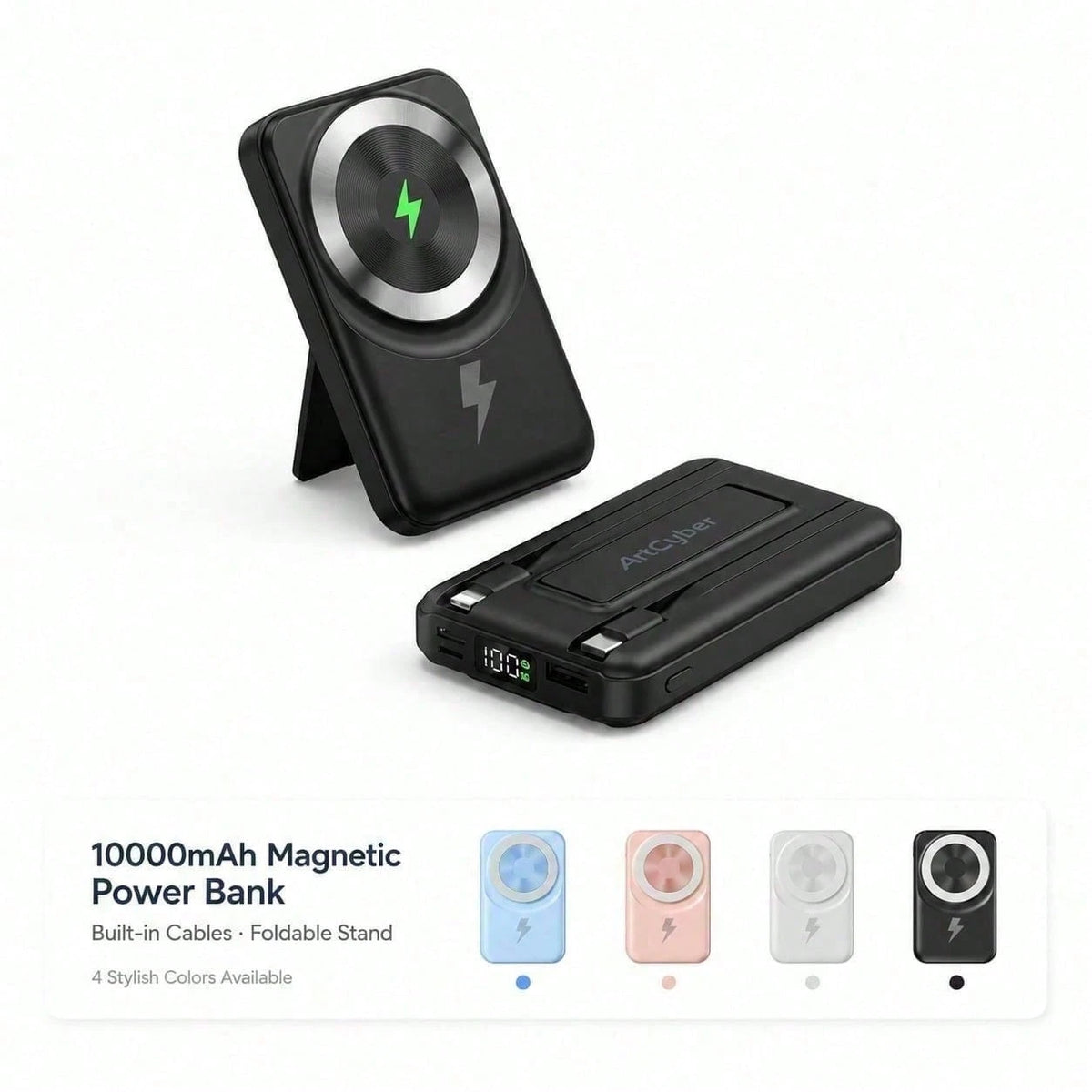White And Green 10000mAh Magnetic Phone Charger With 15W Wireless And 22.5W Fast Charging, With Visible Percentage Readout, Raised Green Alignment Circle And Fold-Out Phone Stand, Compatible With Supp