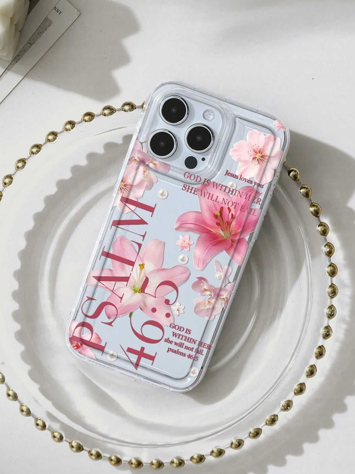White & Pink Floral Fashion Faux Pearl Goddess Lily Pattern Psalm 46:5 Shockproof Phone Case, Compatible With IPhone 16/11/12/13/14/15/15 Pro/15 Plus/15 Pro Max/7 Plus/8 Plus/X/Xs Max/Xr/11 Pro/12 Pro