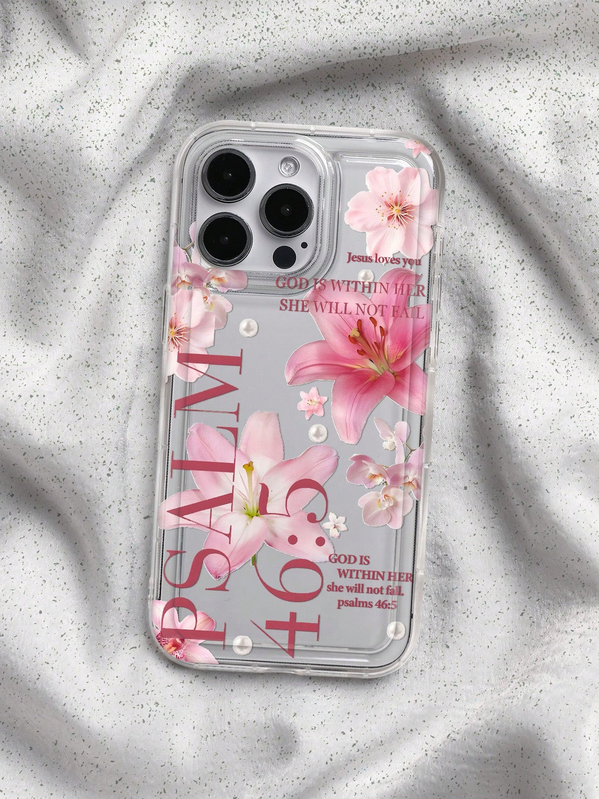 White & Pink Floral Fashion Faux Pearl Goddess Lily Pattern Psalm 46:5 Shockproof Phone Case, Compatible With IPhone 16/11/12/13/14/15/15 Pro/15 Plus/15 Pro Max/7 Plus/8 Plus/X/Xs Max/Xr/11 Pro/12 Pro