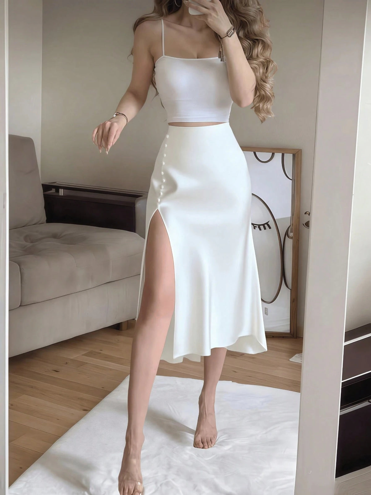 White Satin High Slit Button-Up Skirt, French Elegant A-Line Skirt Spring