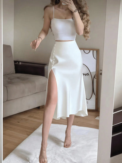 White Satin High Slit Button-Up Skirt, French Elegant A-Line Skirt Spring