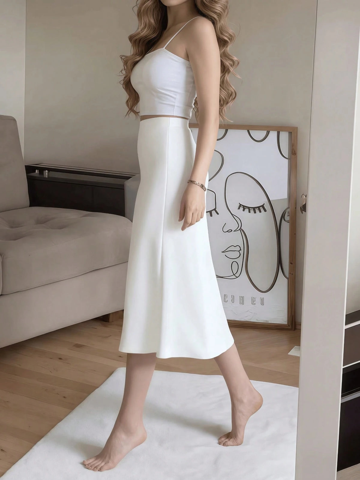 White Satin High Slit Button-Up Skirt, French Elegant A-Line Skirt Spring