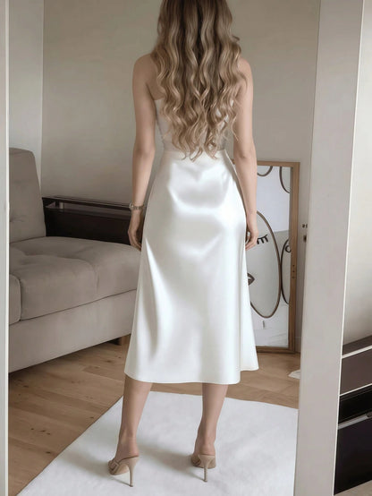 White Satin High Slit Button-Up Skirt, French Elegant A-Line Skirt Spring