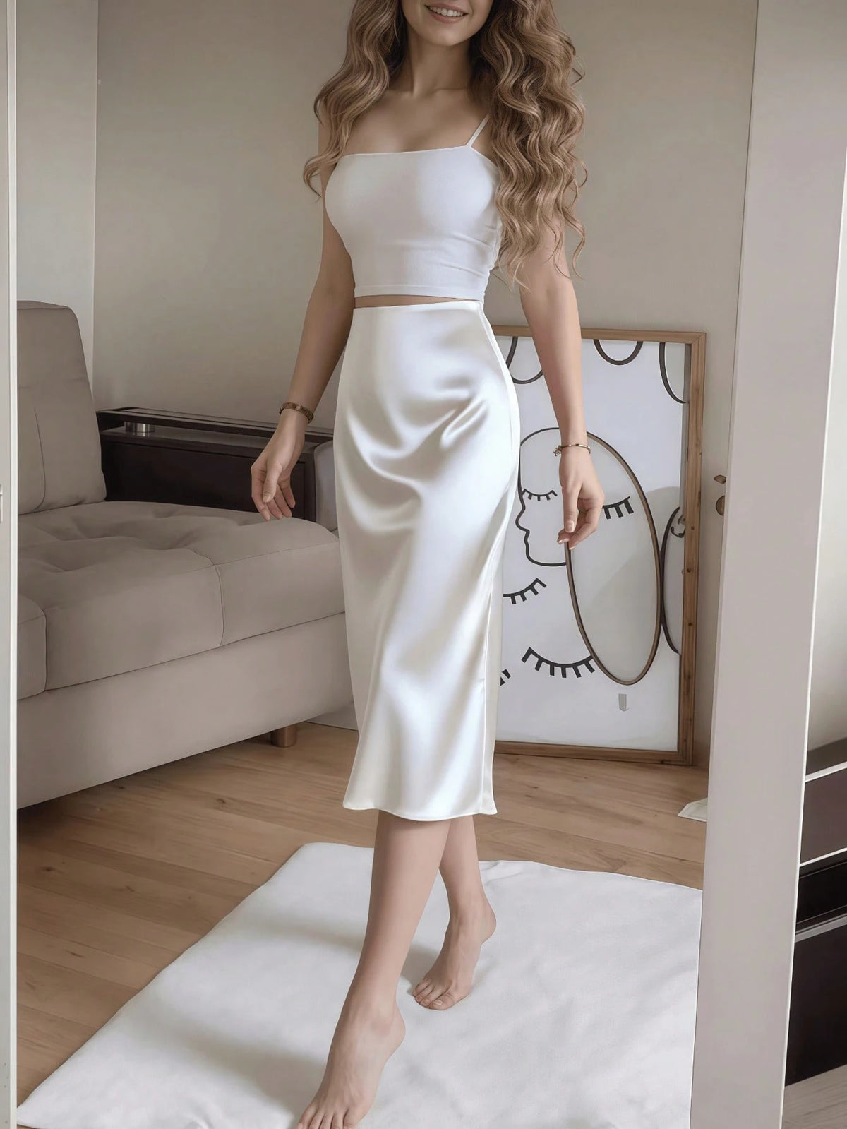 White Satin High Slit Button-Up Skirt, French Elegant A-Line Skirt Spring