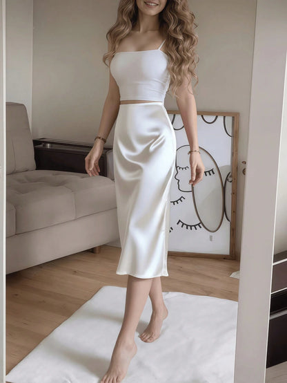 White Satin High Slit Button-Up Skirt, French Elegant A-Line Skirt Spring