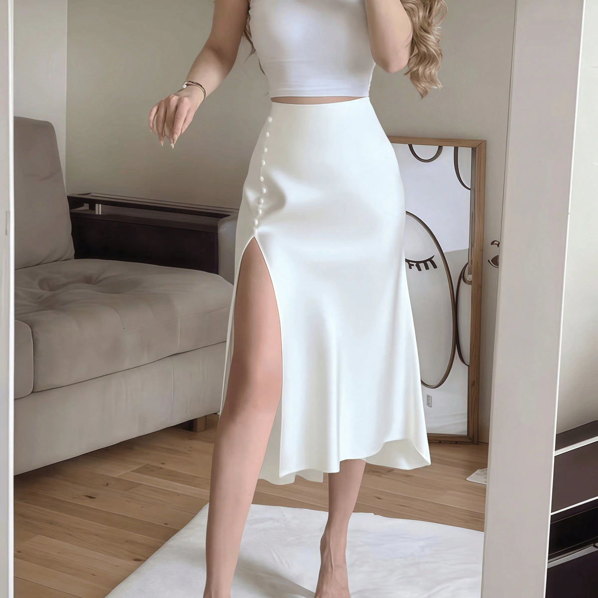 White Satin High Slit Button-Up Skirt, French Elegant A-Line Skirt Spring