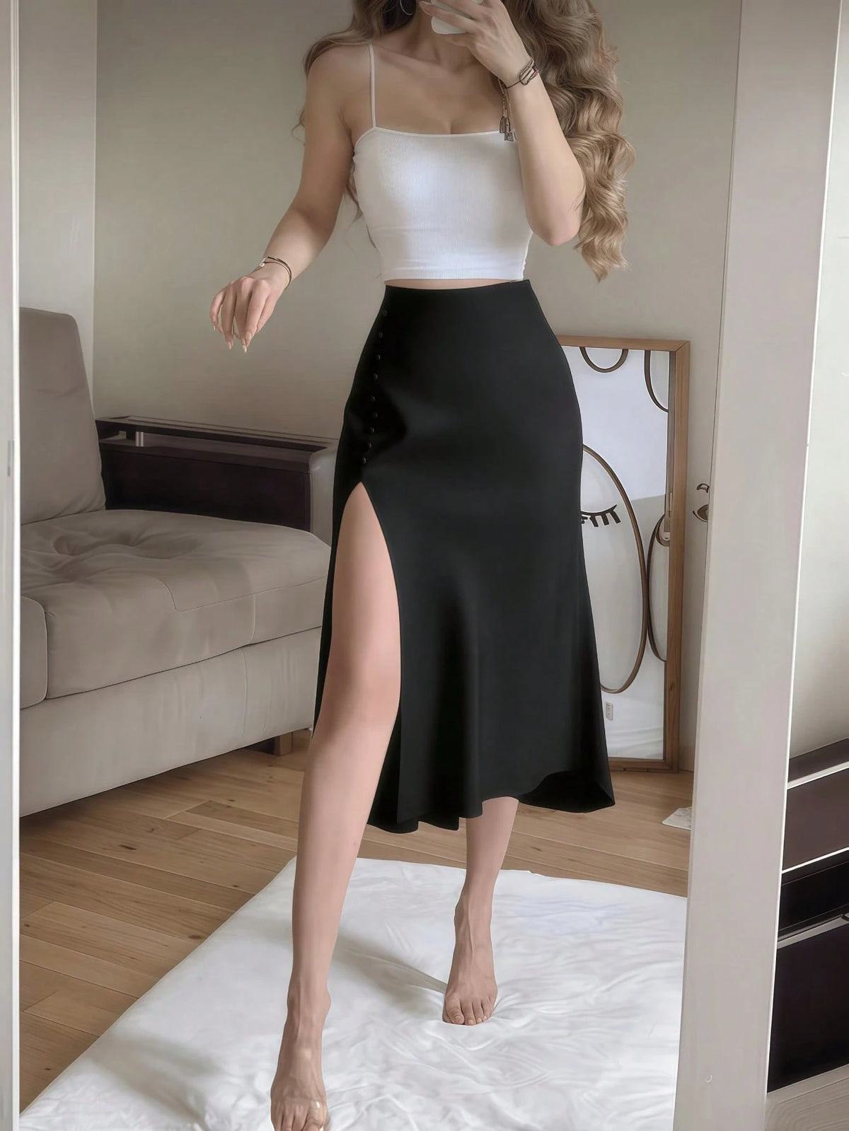 White Satin High Slit Button-Up Skirt, French Elegant A-Line Skirt Spring