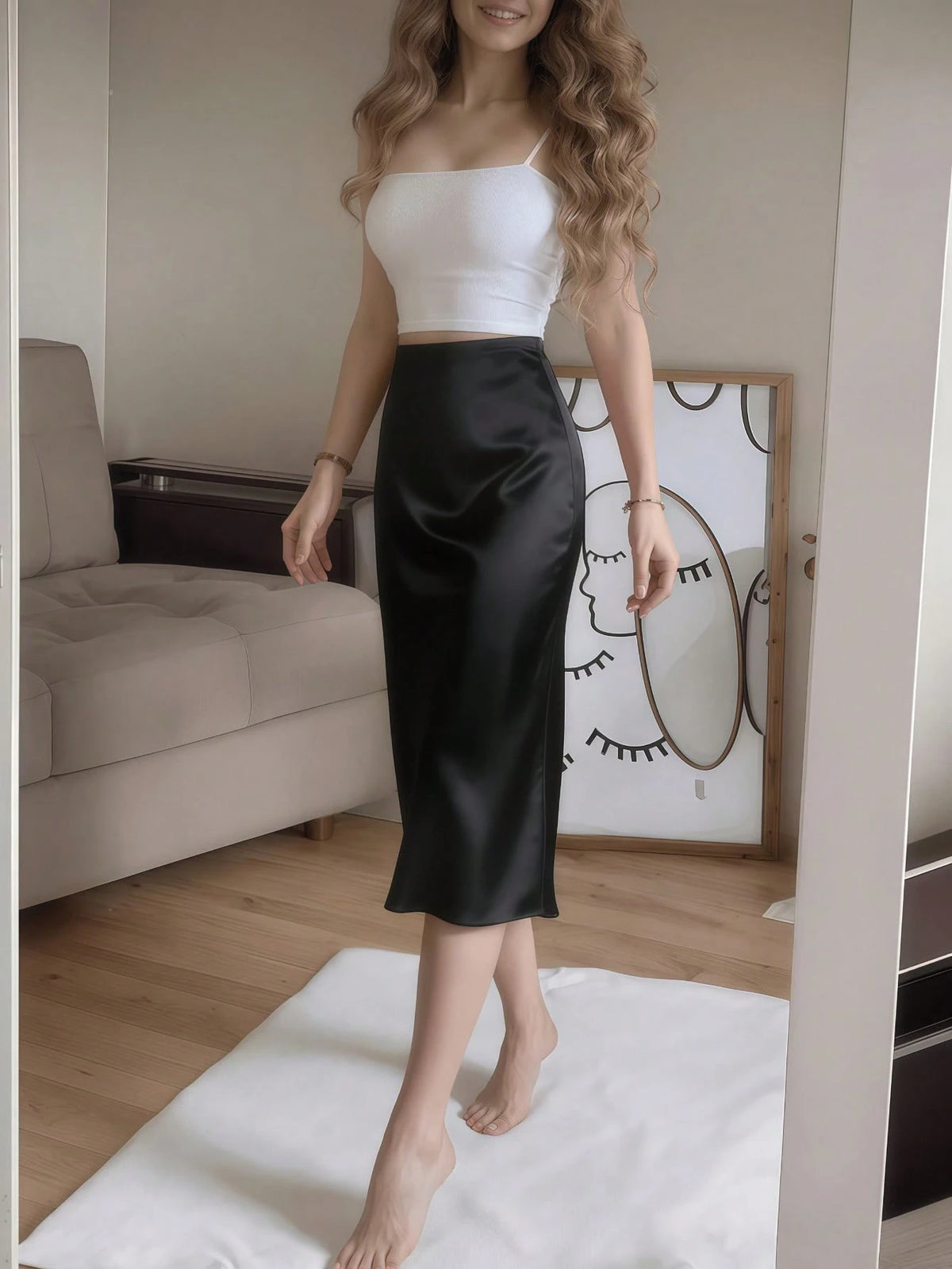 White Satin High Slit Button-Up Skirt, French Elegant A-Line Skirt Spring