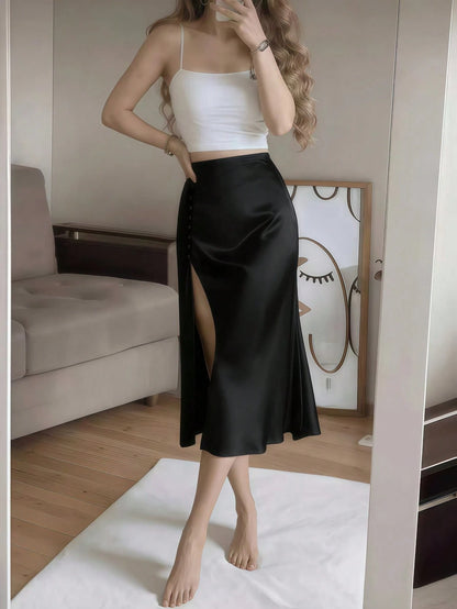 White Satin High Slit Button-Up Skirt, French Elegant A-Line Skirt Spring