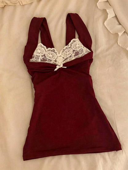 Wine Red Contrast Lace Bow Decor Camisole