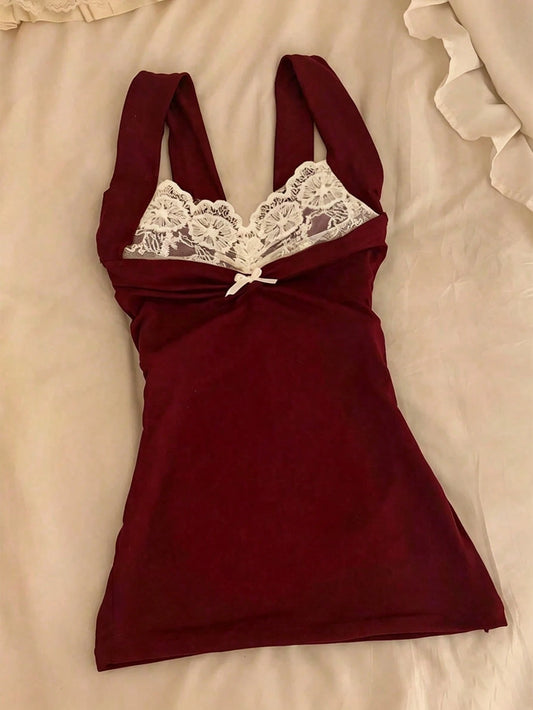 Wine Red Contrast Lace Bow Decor Camisole