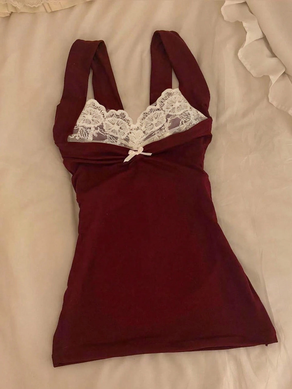 Wine Red Contrast Lace Bow Decor Camisole