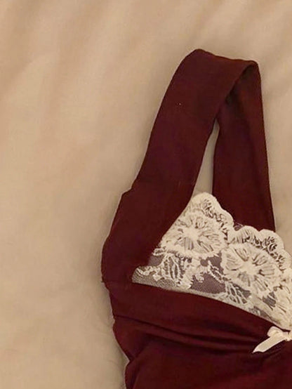 Wine Red Contrast Lace Bow Decor Camisole