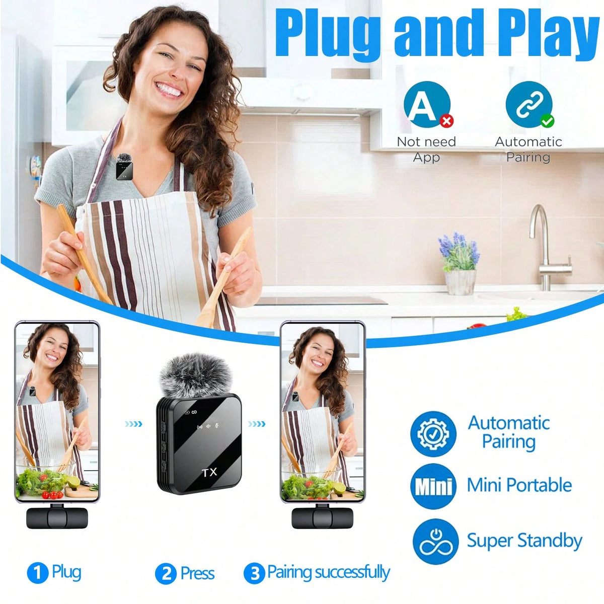 Wireless Lavalier Microphone Plug And Play One-Key Noise Reduction Plug And Play With Volume Control Portable Mini Microphone For Podcasting Video Recording Conference Vlog Interview Teaching Battery