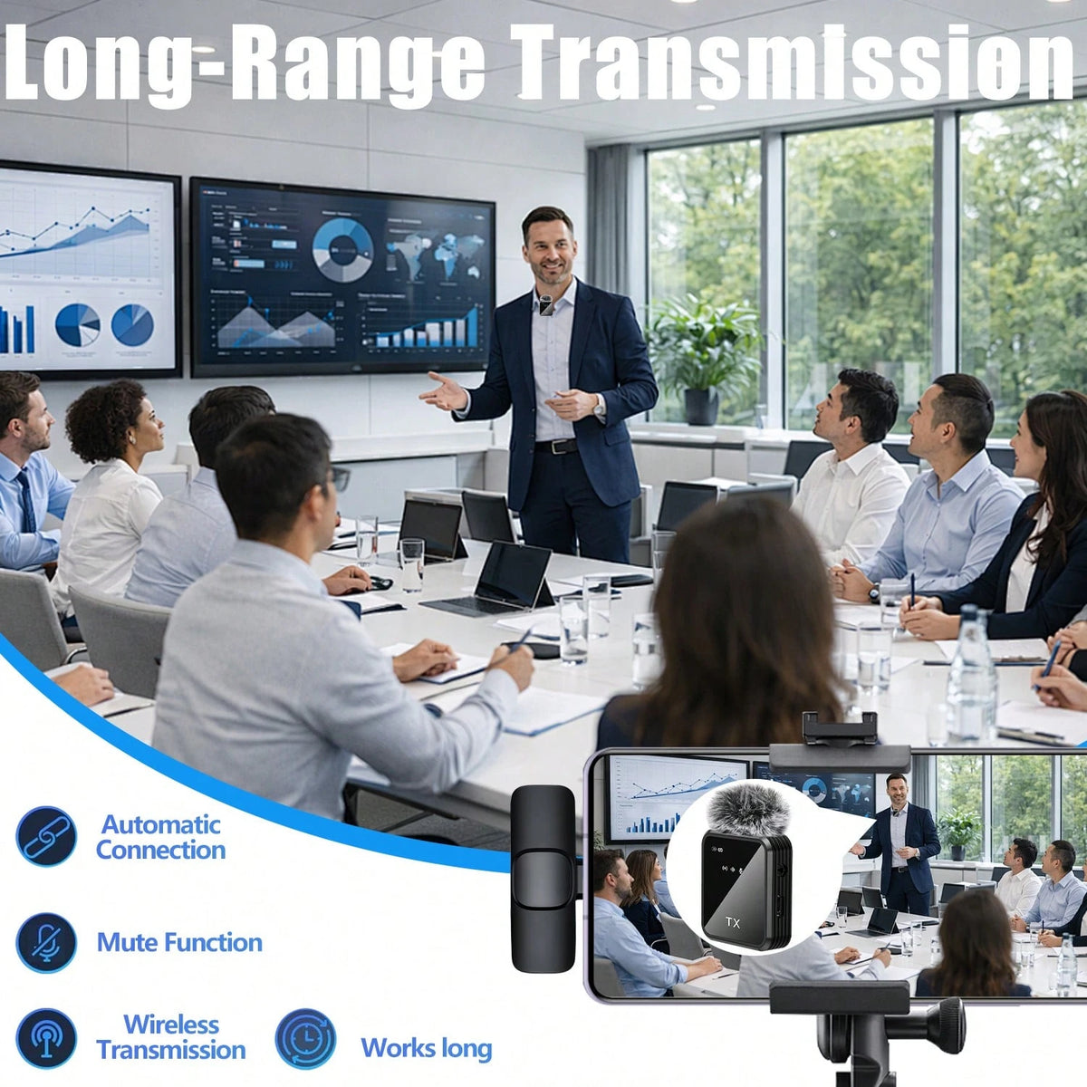 Wireless Lavalier Microphone Plug And Play One-Key Noise Reduction Plug And Play With Volume Control Portable Mini Microphone For Podcasting Video Recording Conference Vlog Interview Teaching Battery