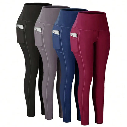 With Pockets- Stretch Four Seasons Sports Compression Leggings- Women's High Waist Yoga Pants, Solid Color Polyester Knitted Fabric, Sports Style, High Stretch Adult Running Leggings