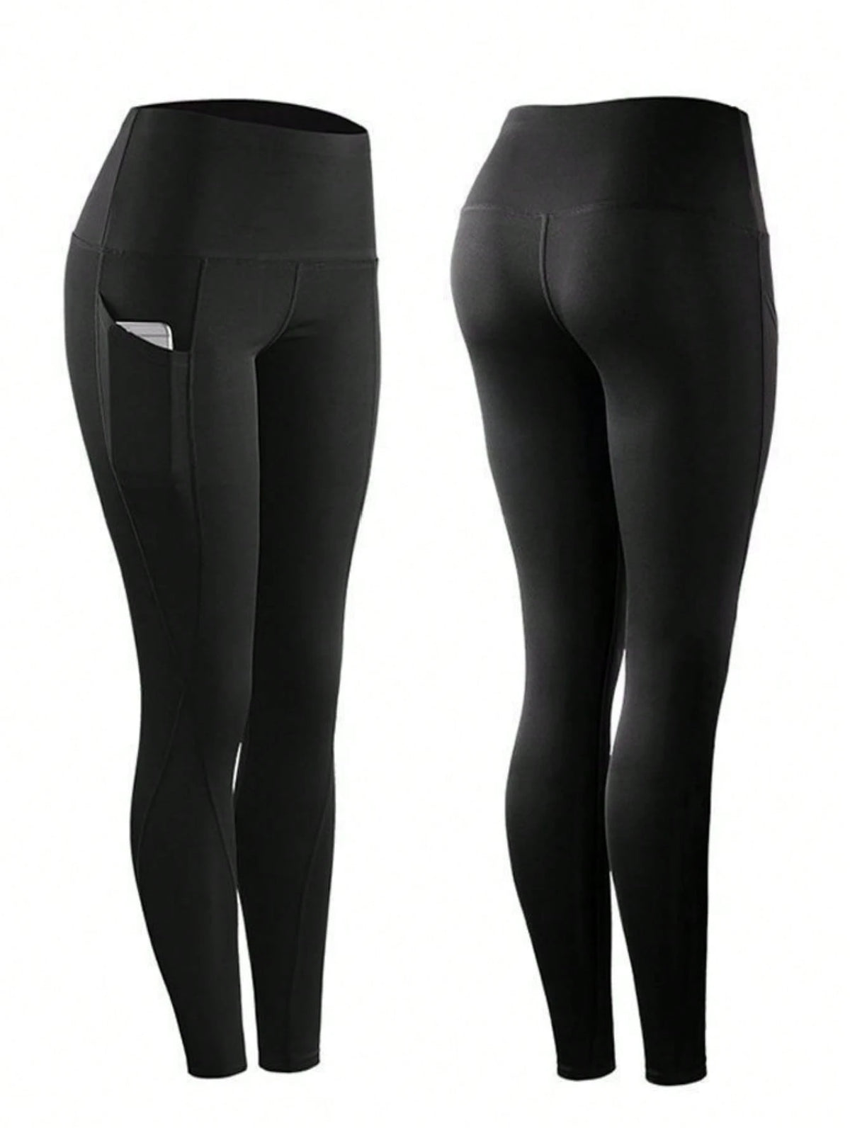With Pockets- Stretch Four Seasons Sports Compression Leggings- Women's High Waist Yoga Pants, Solid Color Polyester Knitted Fabric, Sports Style, High Stretch Adult Running Leggings