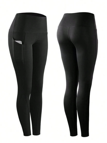 With Pockets- Stretch Four Seasons Sports Compression Leggings- Women's High Waist Yoga Pants, Solid Color Polyester Knitted Fabric, Sports Style, High Stretch Adult Running Leggings
