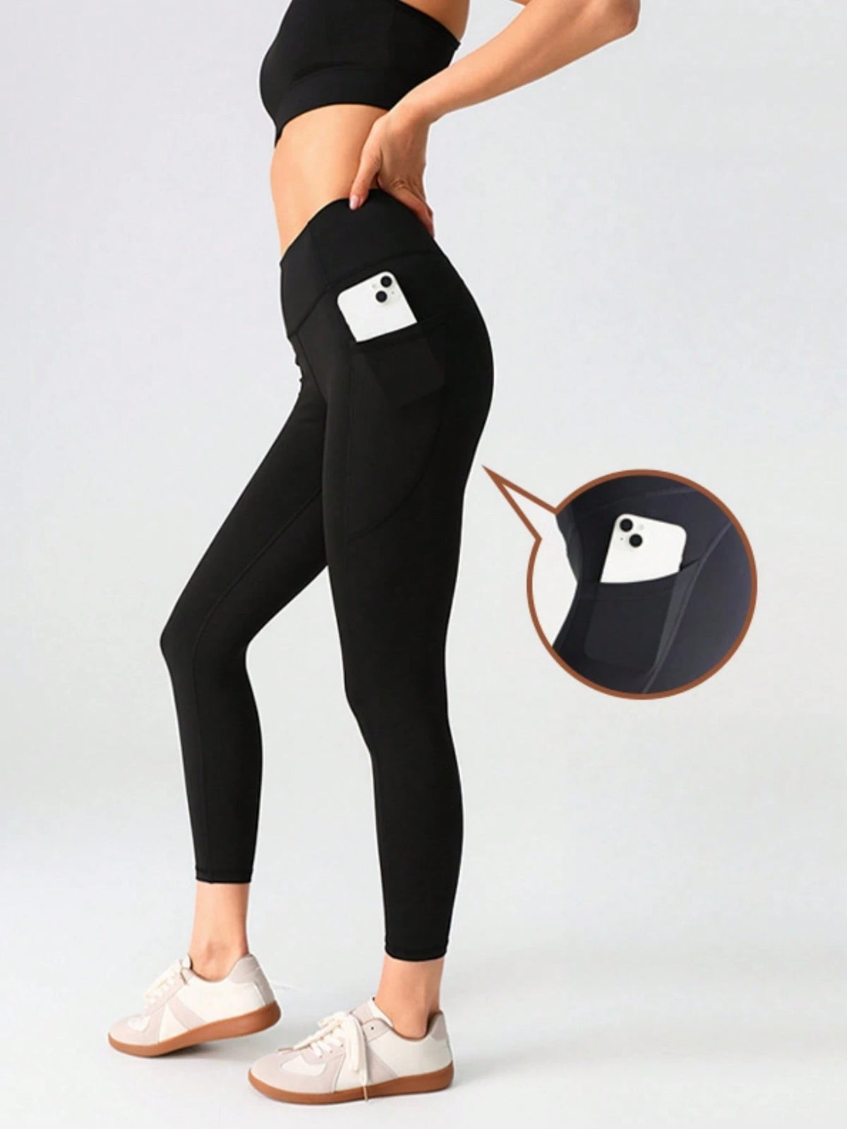 With Pockets- Stretch Four Seasons Sports Compression Leggings- Women's High Waist Yoga Pants, Solid Color Polyester Knitted Fabric, Sports Style, High Stretch Adult Running Leggings