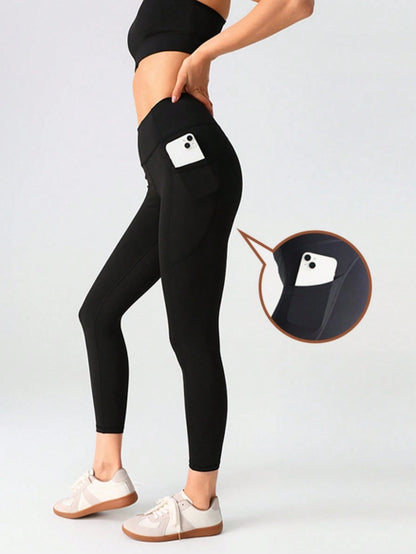 With Pockets- Stretch Four Seasons Sports Compression Leggings- Women's High Waist Yoga Pants, Solid Color Polyester Knitted Fabric, Sports Style, High Stretch Adult Running Leggings