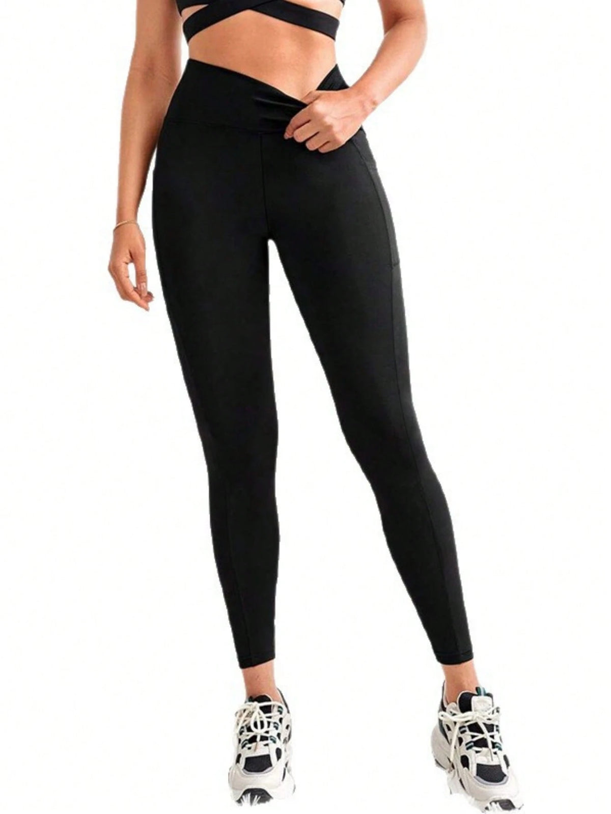With Pockets- Stretch Four Seasons Sports Compression Leggings- Women's High Waist Yoga Pants, Solid Color Polyester Knitted Fabric, Sports Style, High Stretch Adult Running Leggings