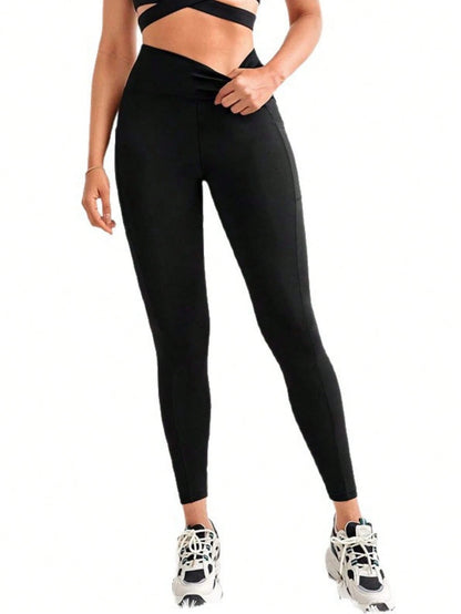 With Pockets- Stretch Four Seasons Sports Compression Leggings- Women's High Waist Yoga Pants, Solid Color Polyester Knitted Fabric, Sports Style, High Stretch Adult Running Leggings