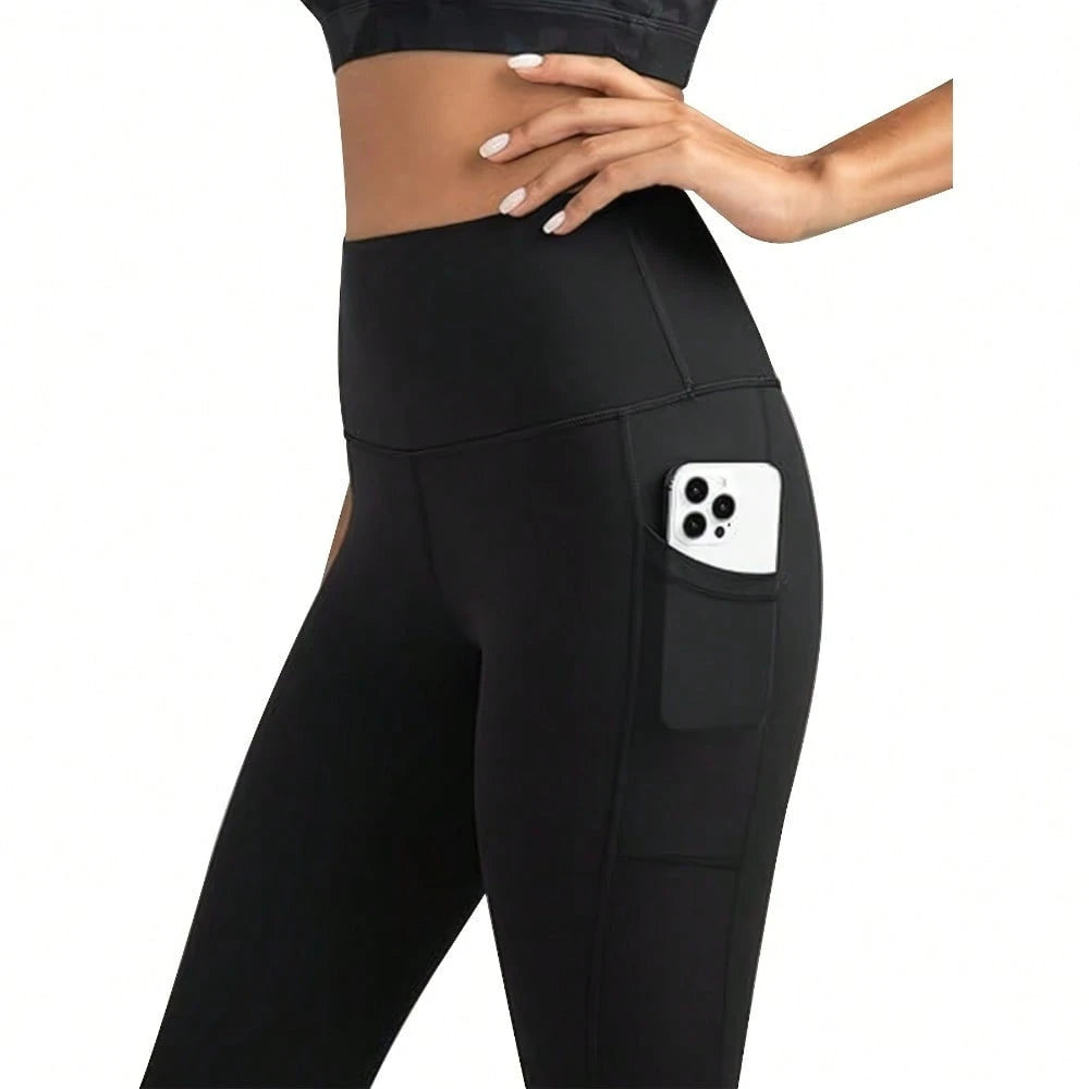 With Pockets- Stretch Four Seasons Sports Compression Leggings- Women's High Waist Yoga Pants, Solid Color Polyester Knitted Fabric, Sports Style, High Stretch Adult Running Leggings