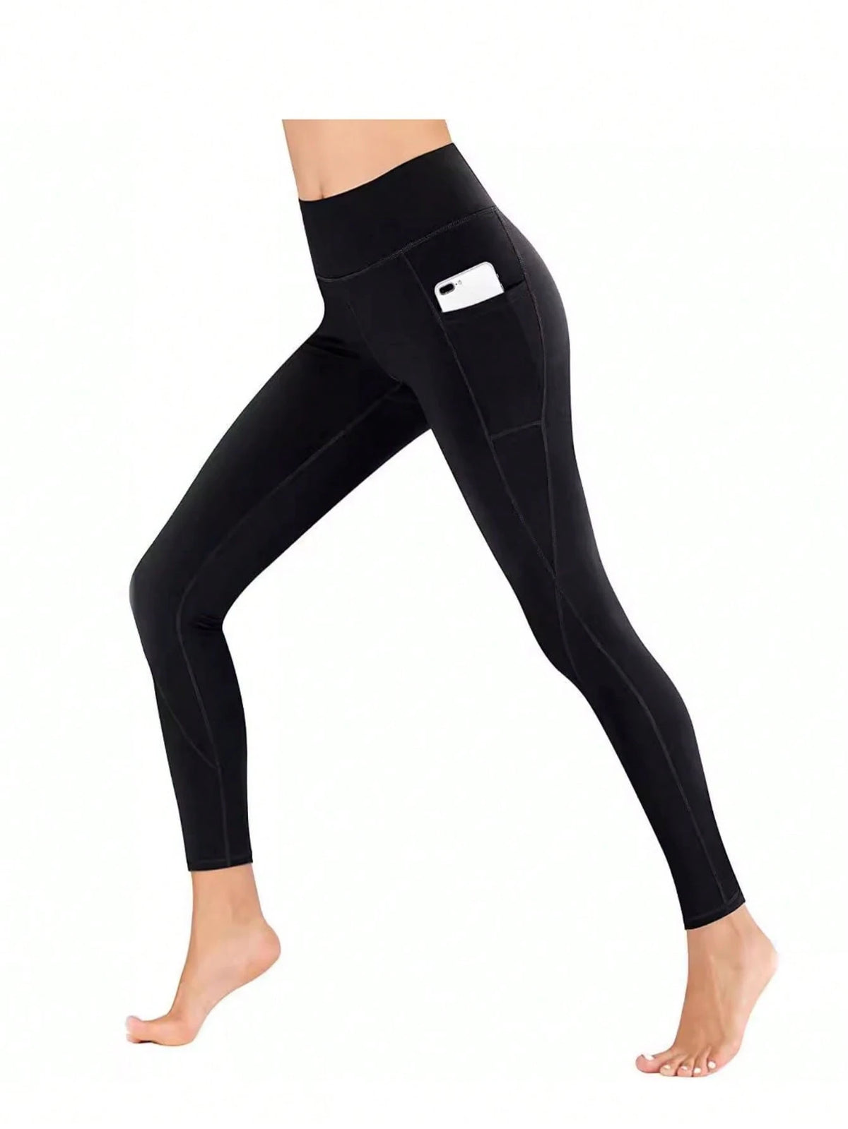 With Pockets- Stretch Four Seasons Sports Compression Leggings- Women's High Waist Yoga Pants, Solid Color Polyester Knitted Fabric, Sports Style, High Stretch Adult Running Leggings