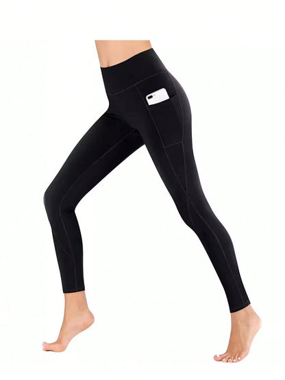 With Pockets- Stretch Four Seasons Sports Compression Leggings- Women's High Waist Yoga Pants, Solid Color Polyester Knitted Fabric, Sports Style, High Stretch Adult Running Leggings