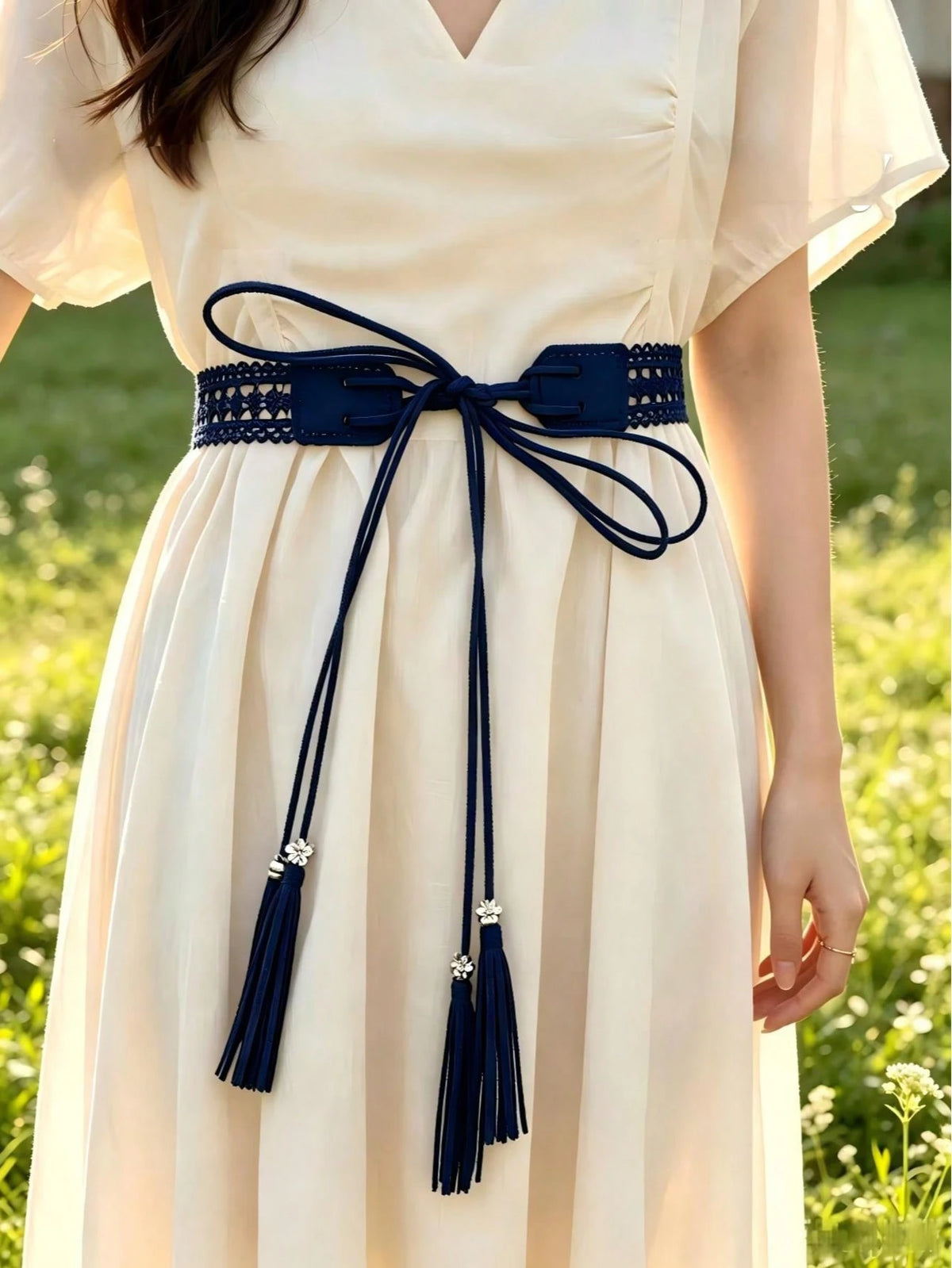 Women Hollow Lace Tassel Self Tie Waist Belt, Faux Leather Floral Metal Bead Decor Waist Cincher, Versatile Sash For Summer Dresses Shirts