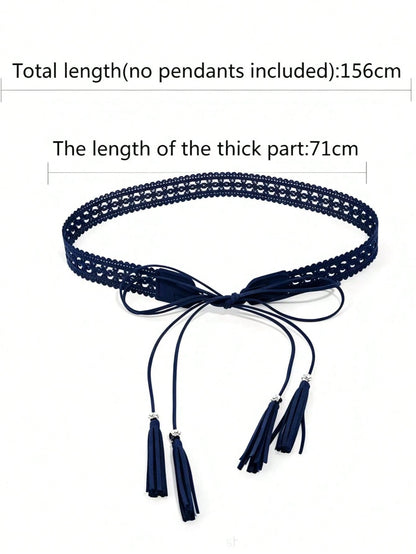 Women Hollow Lace Tassel Self Tie Waist Belt, Faux Leather Floral Metal Bead Decor Waist Cincher, Versatile Sash For Summer Dresses Shirts