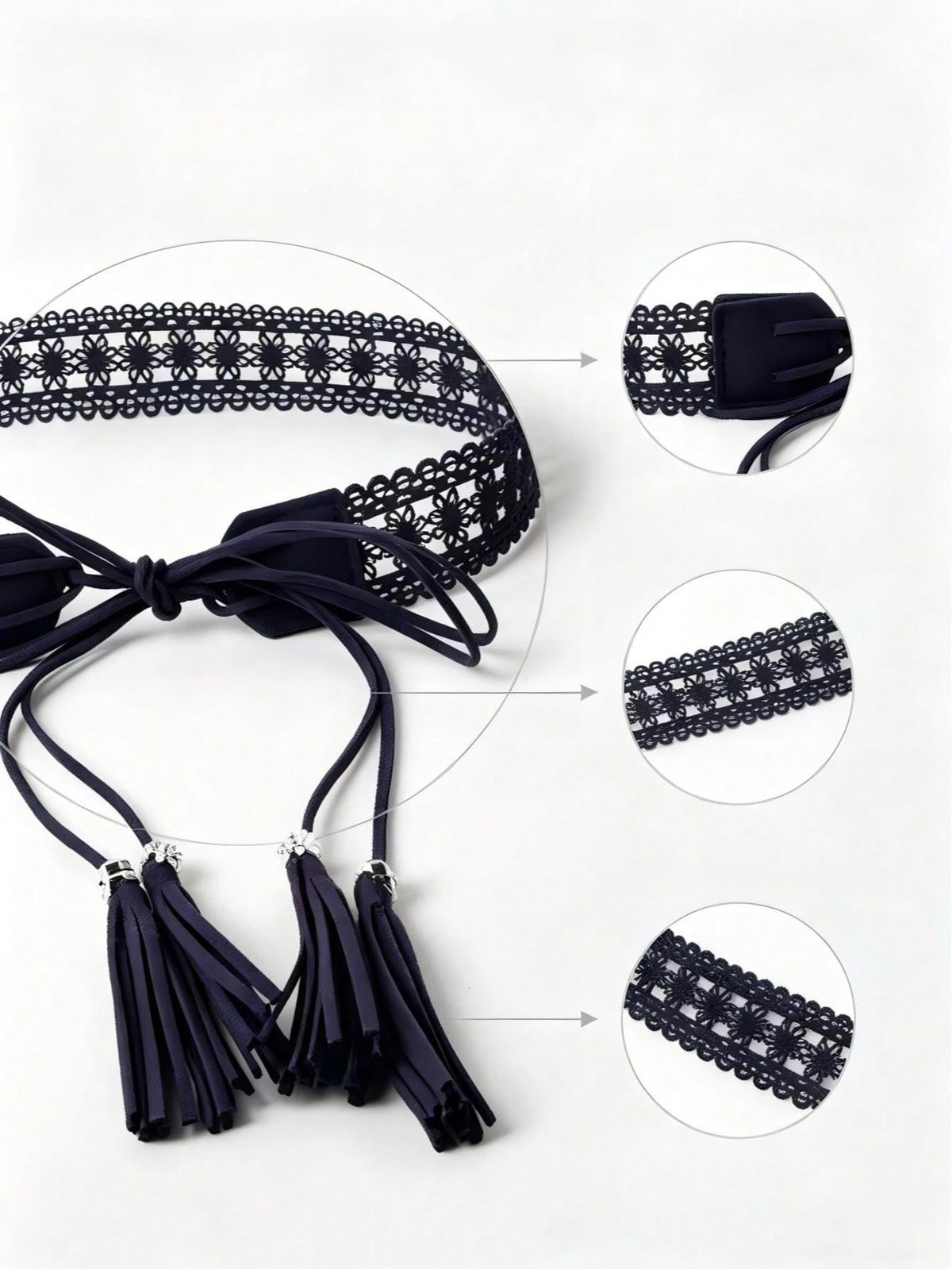Women Hollow Lace Tassel Self Tie Waist Belt, Faux Leather Floral Metal Bead Decor Waist Cincher, Versatile Sash For Summer Dresses Shirts