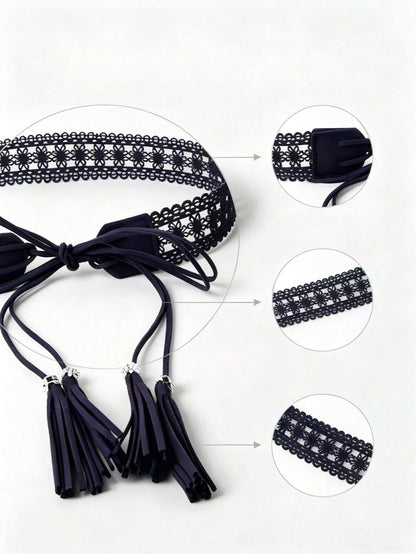 Women Hollow Lace Tassel Self Tie Waist Belt, Faux Leather Floral Metal Bead Decor Waist Cincher, Versatile Sash For Summer Dresses Shirts