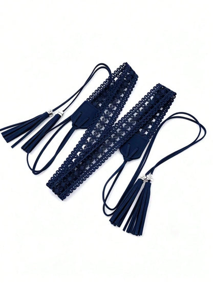 Women Hollow Lace Tassel Self Tie Waist Belt, Faux Leather Floral Metal Bead Decor Waist Cincher, Versatile Sash For Summer Dresses Shirts