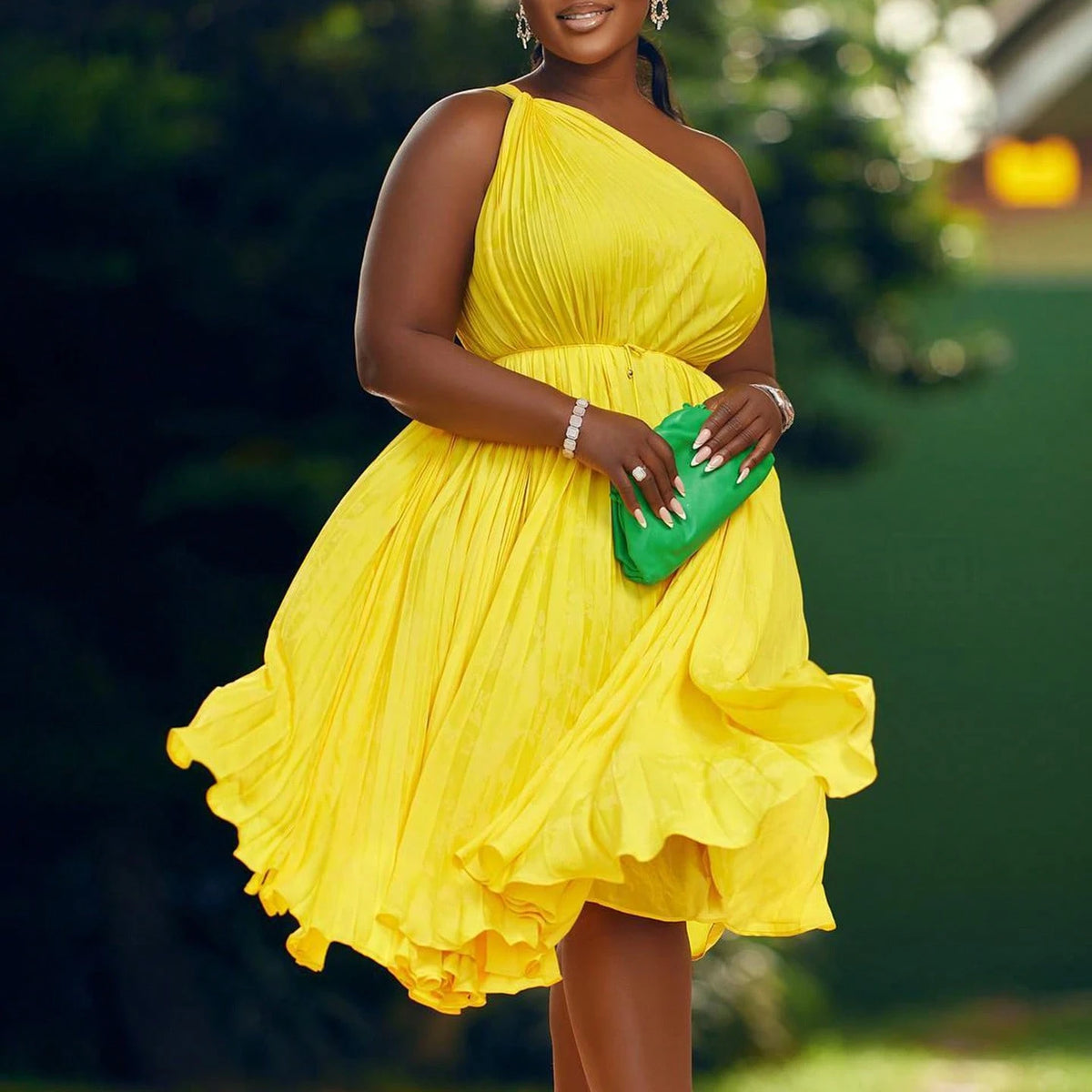 Women Plus Size Chic Solid Pleated One Shoulder Tie Flared Midi Dress