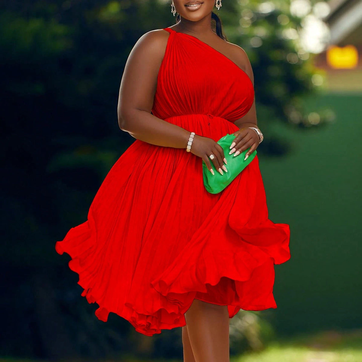 Women Plus Size Chic Solid Pleated One Shoulder Tie Flared Midi Dress