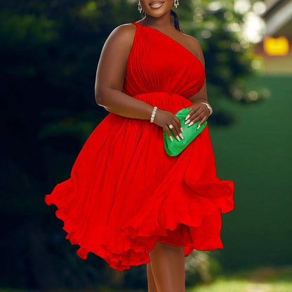Women Plus Size Chic Solid Pleated One Shoulder Tie Flared Midi Dress