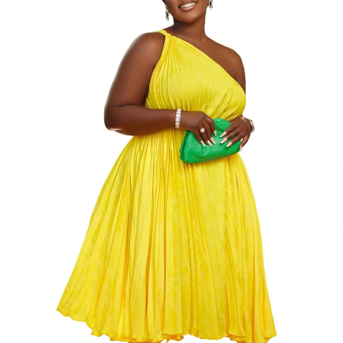 Women Plus Size Chic Solid Pleated One Shoulder Tie Flared Midi Dress