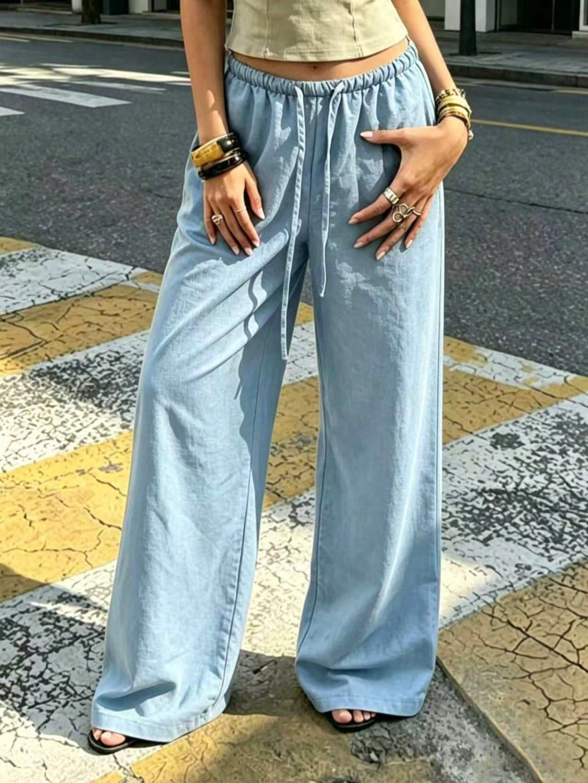 Women's 1pc Linen-Style Wide Leg High Waist Long Pants, Casual Slouchy Essential For Spring Summer Autumn Winter Daily Wear And Vacation