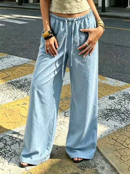 Women's 1pc Linen-Style Wide Leg High Waist Long Pants, Casual Slouchy Essential For Spring Summer Autumn Winter Daily Wear And Vacation