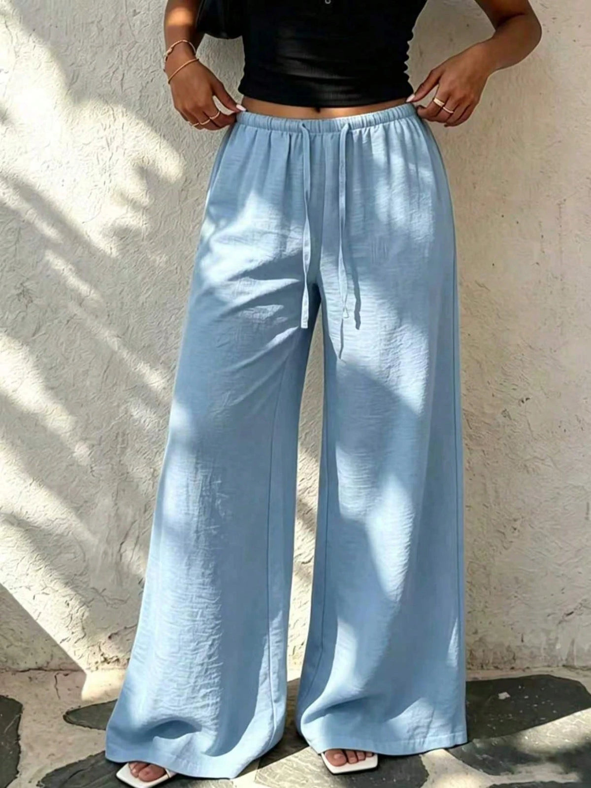 Women's 1pc Linen-Style Wide Leg High Waist Long Pants, Casual Slouchy Essential For Spring Summer Autumn Winter Daily Wear And Vacation