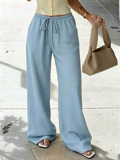 Women's 1pc Linen-Style Wide Leg High Waist Long Pants, Casual Slouchy Essential For Spring Summer Autumn Winter Daily Wear And Vacation