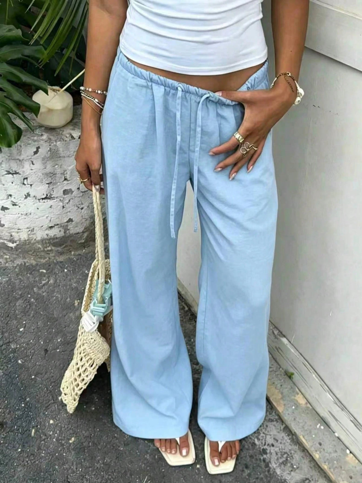 Women's 1pc Linen-Style Wide Leg High Waist Long Pants, Casual Slouchy Essential For Spring Summer Autumn Winter Daily Wear And Vacation