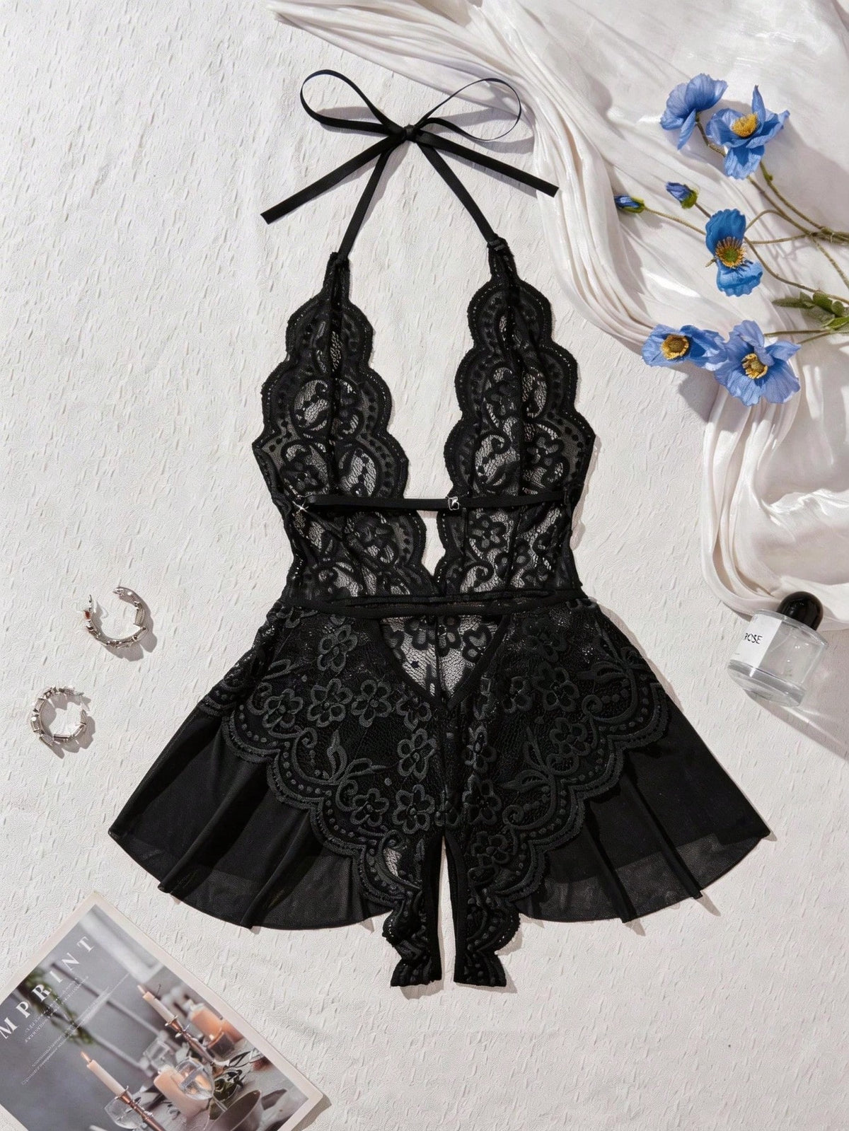 Women's 2-Piece Lace Halter Bodysuit Set- Deep V Neck Sheer Mesh Babydoll With Adjustable Tie Straps & Flared Hem Sexy Open Crotch Lingerie Set